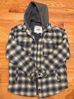 American Eagle Outfitters Gray & Cream Plaid Hooded Flannel Jacket